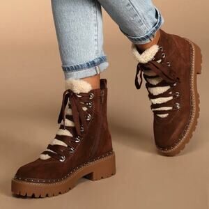 Steve Madden Woman’s Rainier Cognac Suede Leather Lace-Up Platform Ankle Boots